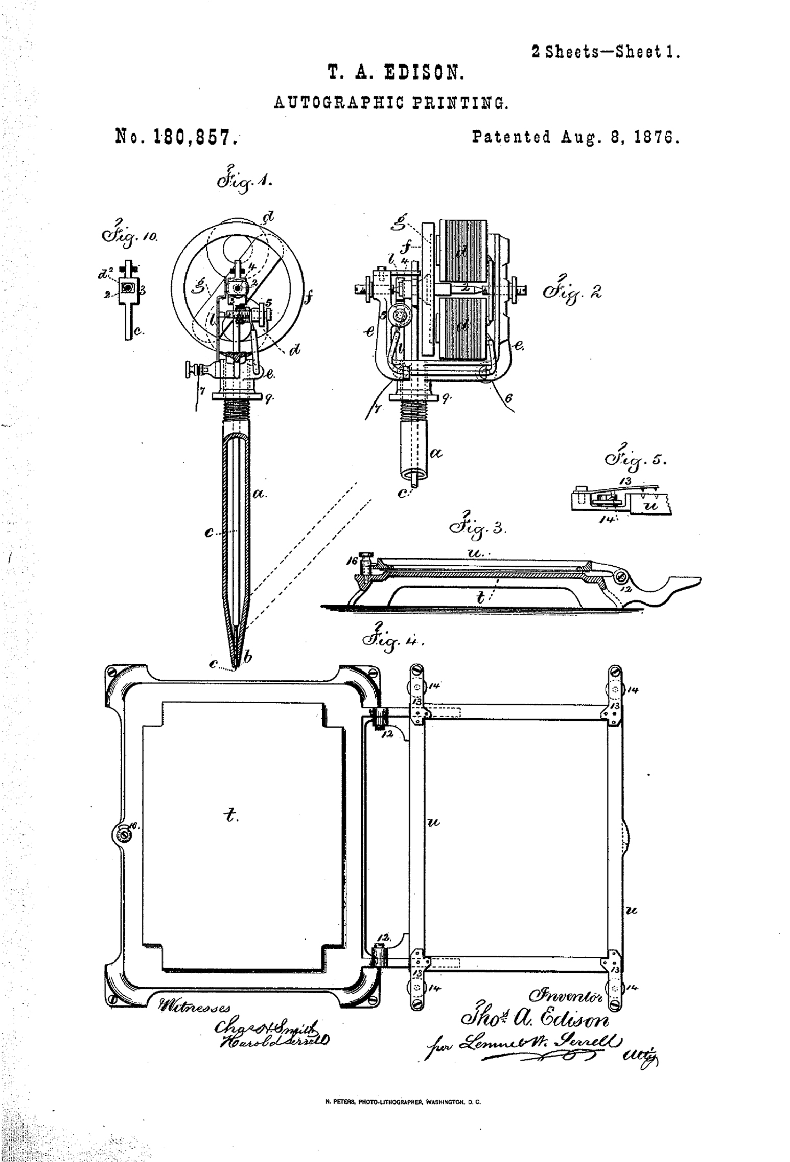 An 1876 sheet showing Edison’s electric pen and drawings of a document-copying press.