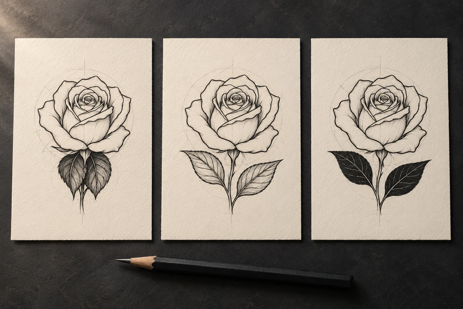 Tres dibujos de una rosa con distintas separaciones entre hojas y diferentes masas negras; ejemplo generado.