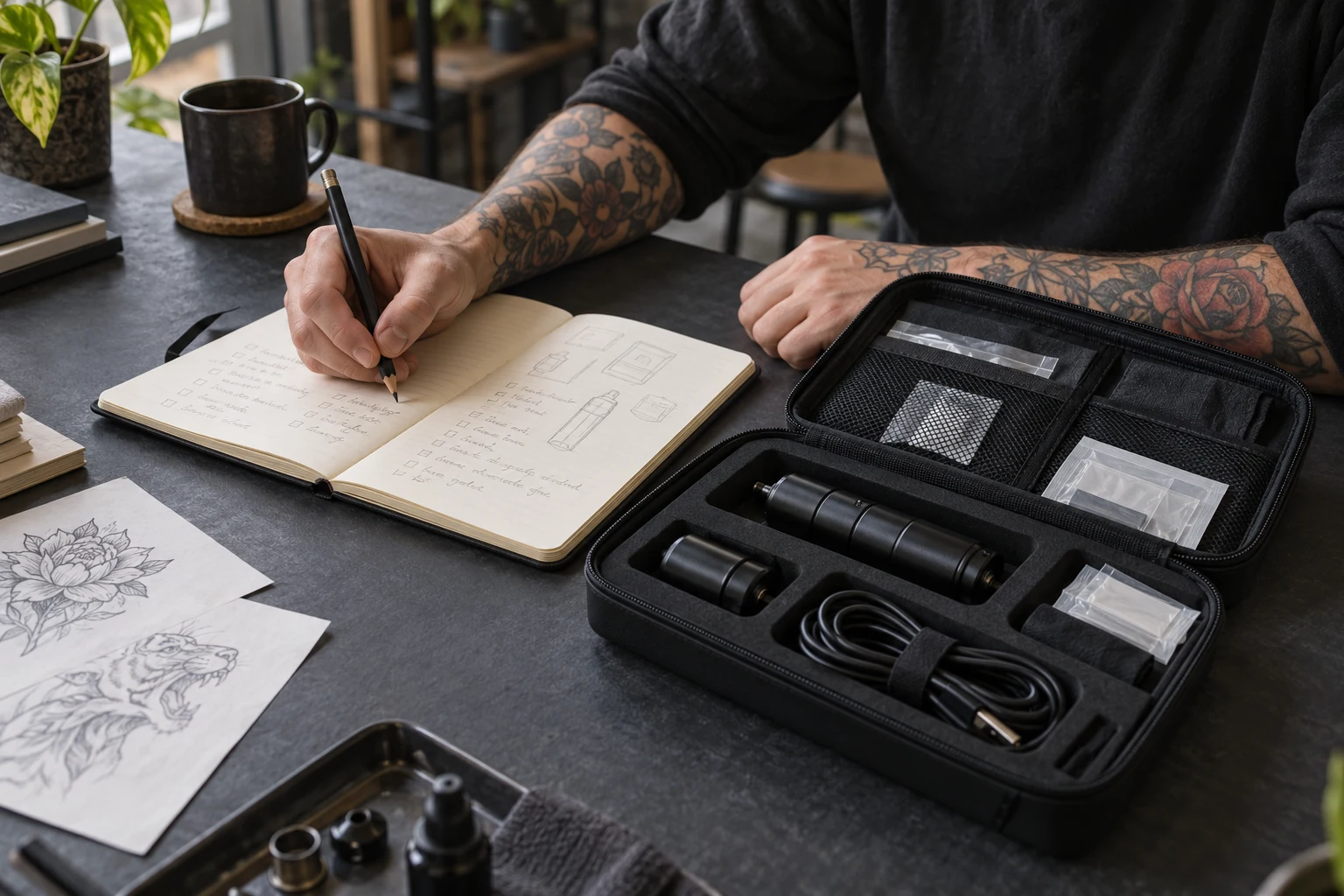 An artist writes an inventory beside an equipment case on a desk