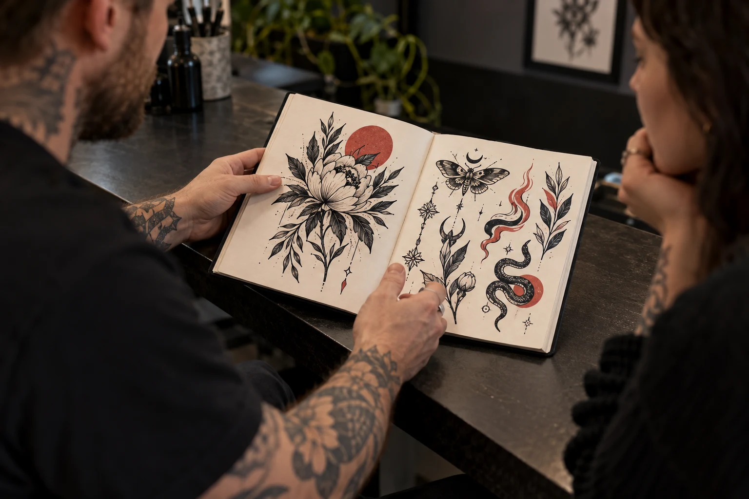 Two people discuss designs in a flash sketchbook
