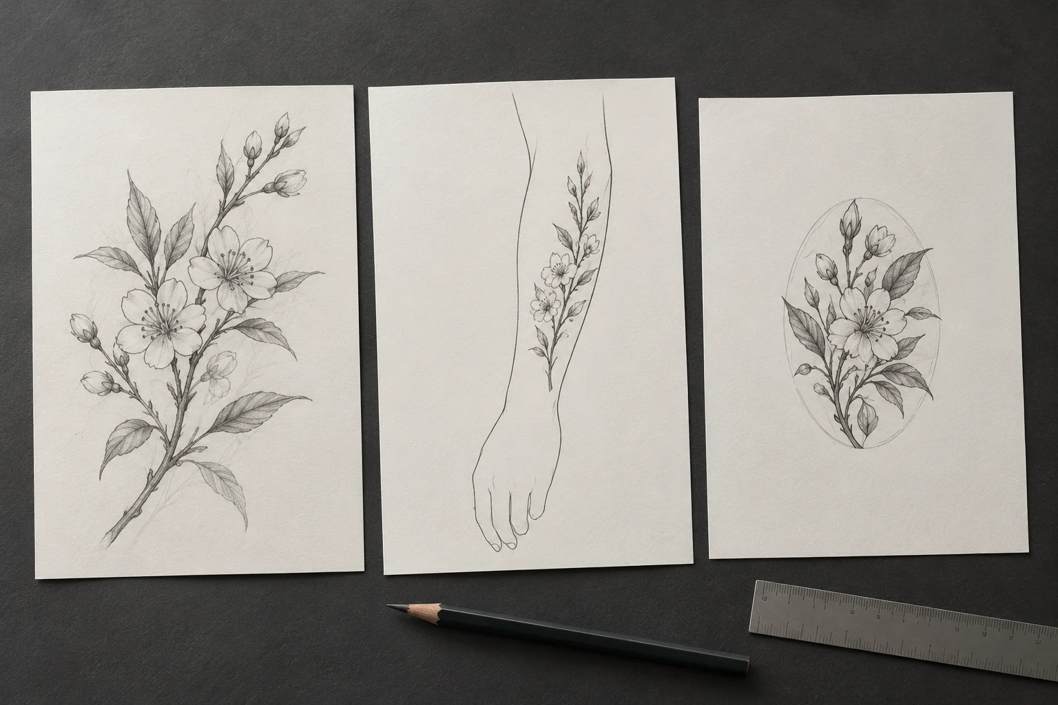 Tres hojas con una rama floral, una composición alargada sobre el dibujo de un brazo y una variante ovalada.