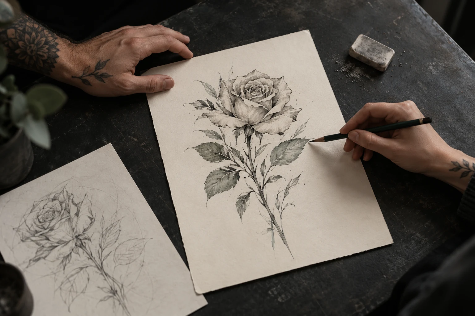 Dos manos revisan un dibujo de una rosa sobre una mesa oscura; ilustración generada.