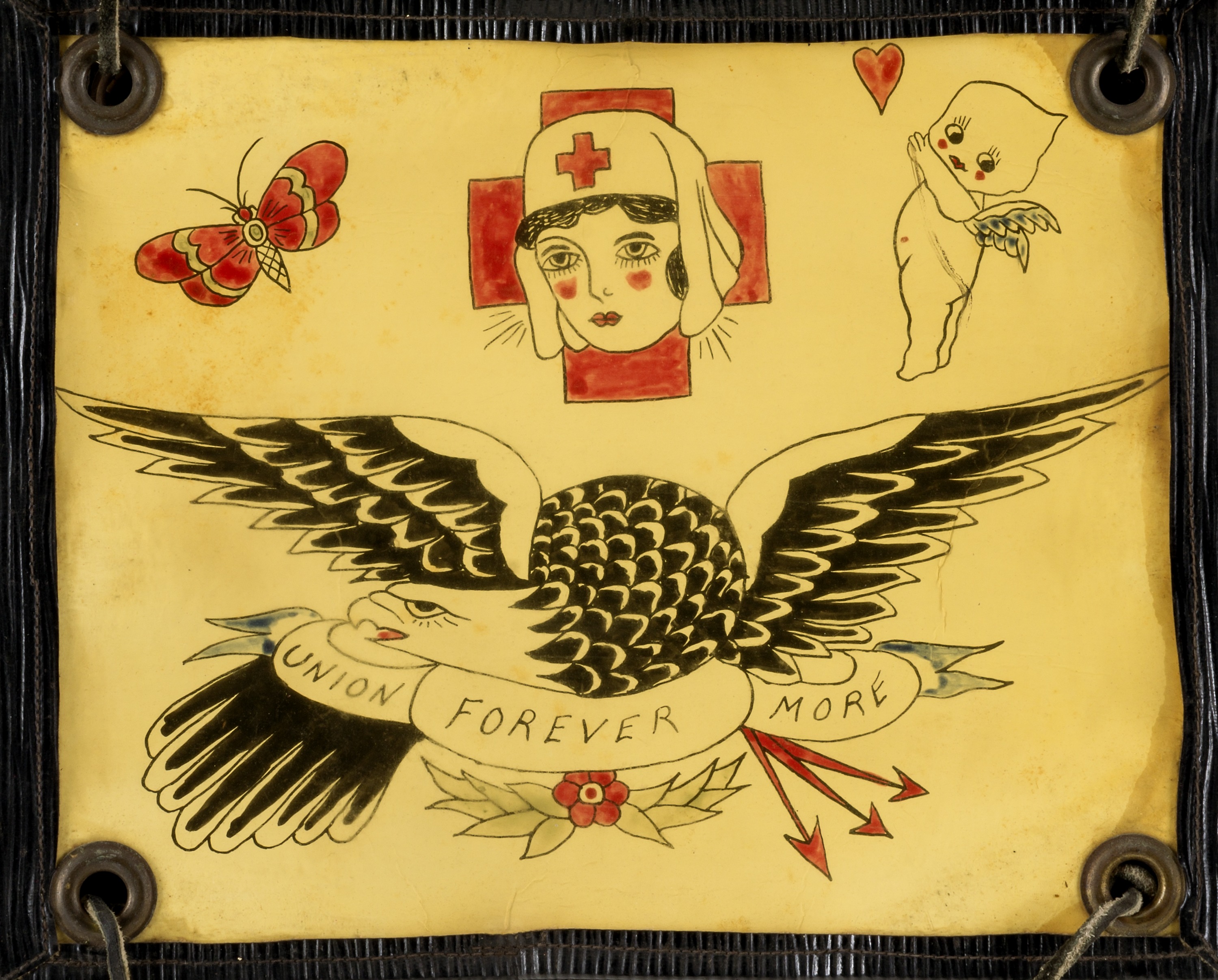 Lámina histórica con un águila de alas extendidas, cinta, retrato de enfermera y mariposa.