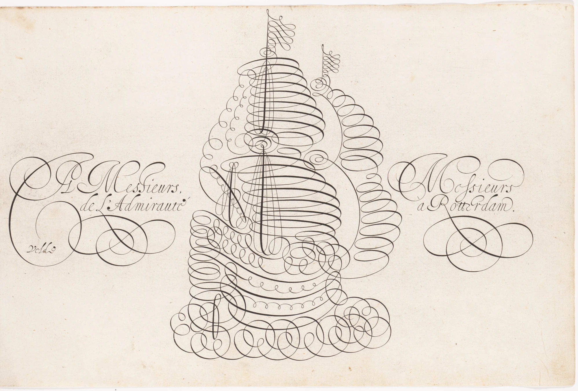 Lámina de 1605 con letras caligráficas y un barco construido con trazos curvos ornamentales.