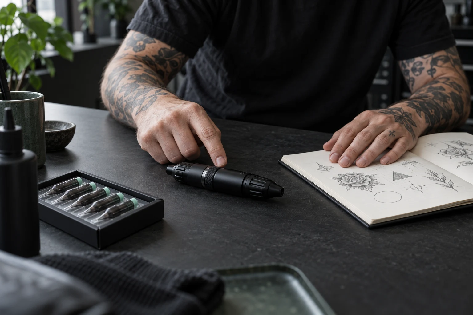 An artist reviews a machine and design notebook at a studio desk