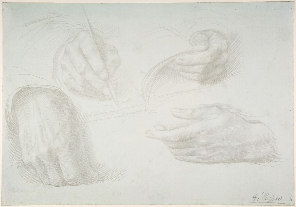 Four studies of hands by Alphonse Legros, drawn in metalpoint on prepared paper.