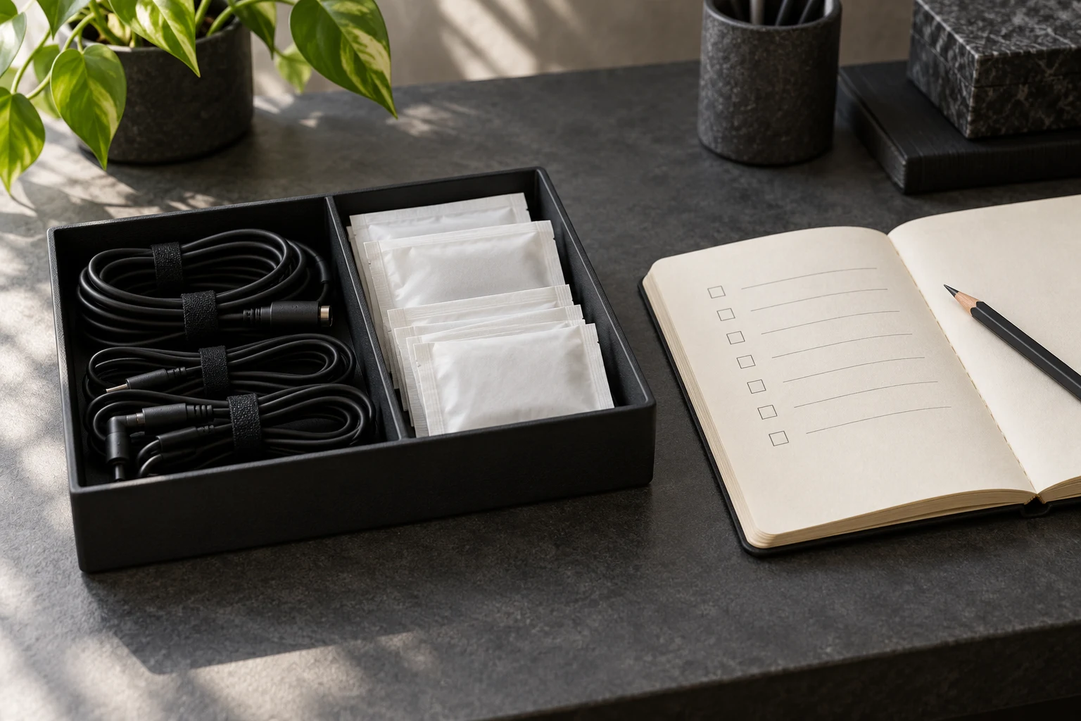 Organiser with cables and sealed packets beside a notebook checklist