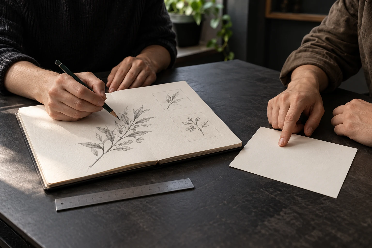 Dos personas conversan sobre un boceto botánico y una tarjeta de notas en una mesa de consulta.