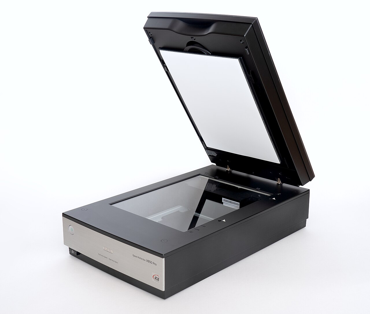Epson V850 flatbed scanner with its lid raised and scanning glass visible.