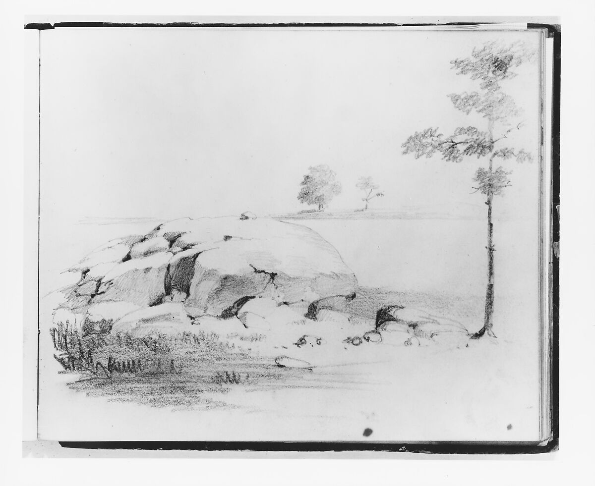Francis William Edmonds sketchbook page with rocks, trees and untouched areas, drawn in graphite.