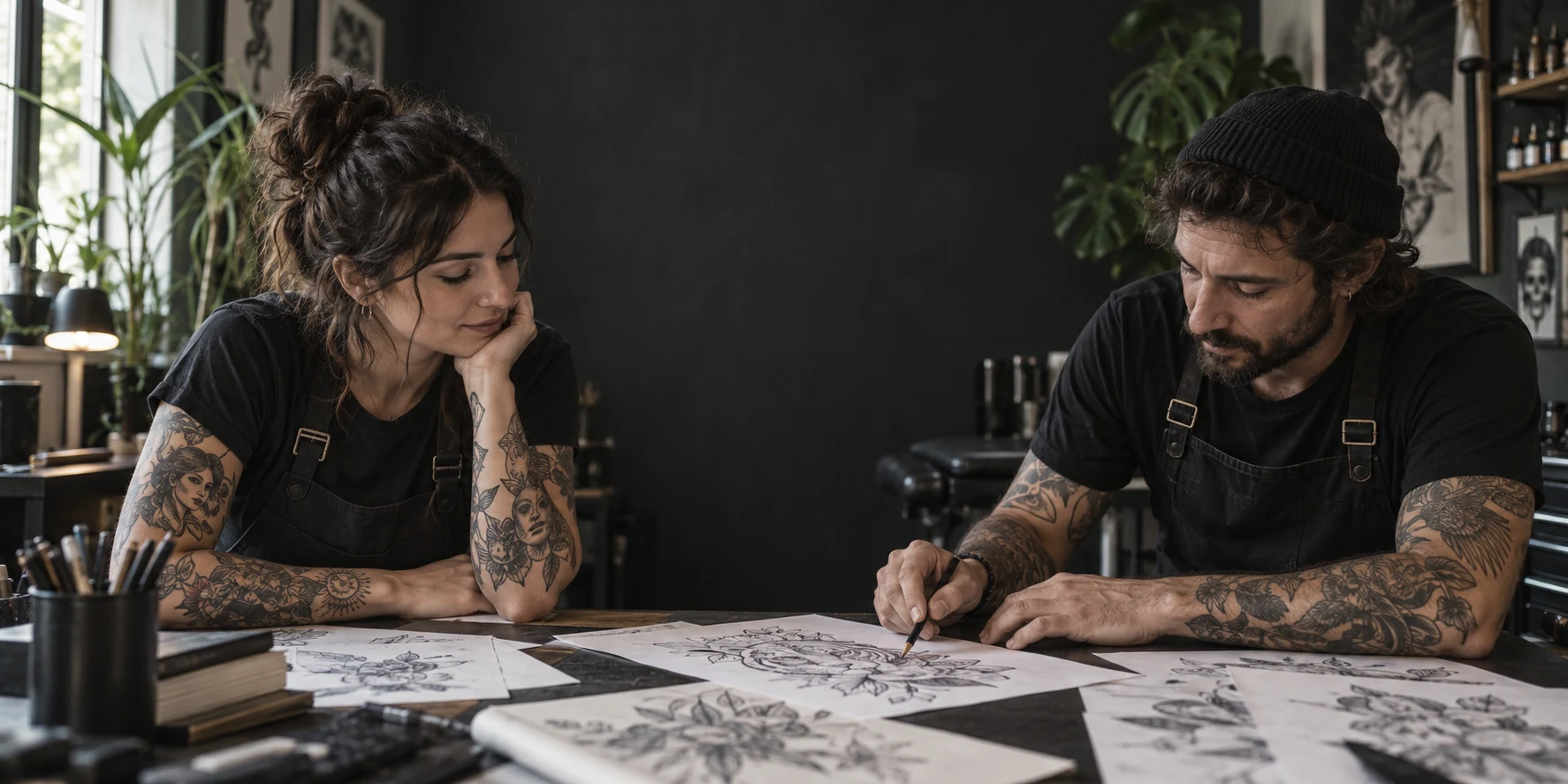 Two tattoo artists prepare a design in a studio