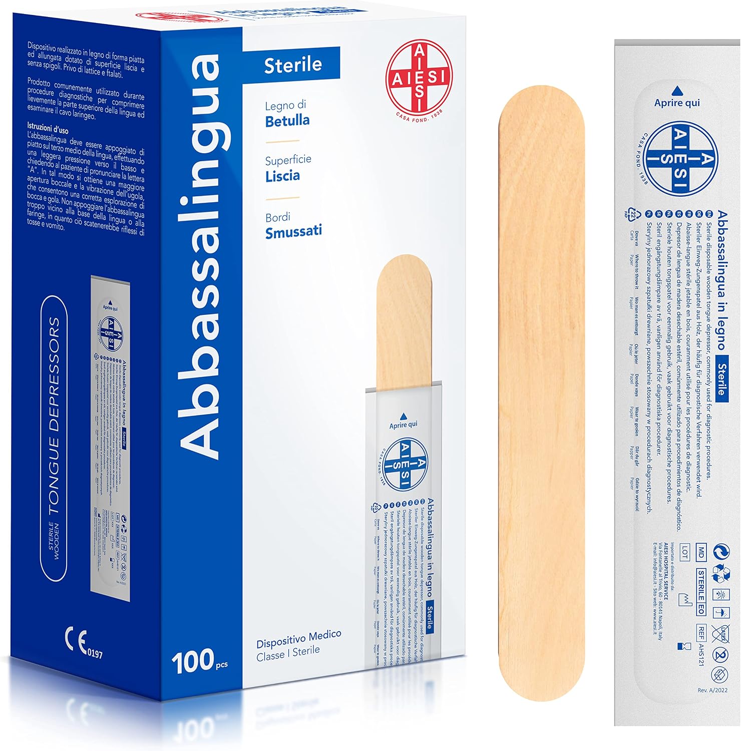 Product view: AIESI · 100 sterile-labelled wooden spatulas