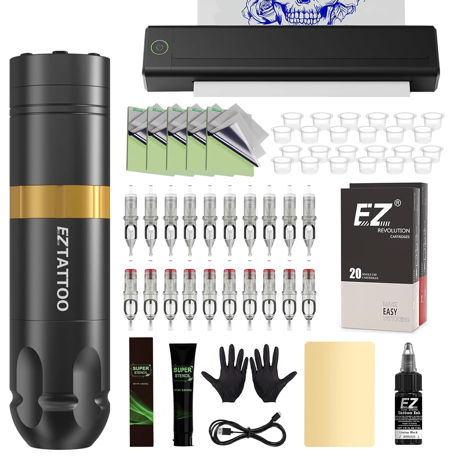 Vista del producto: EZ Tattoo · kit con máquina y termocopiadora