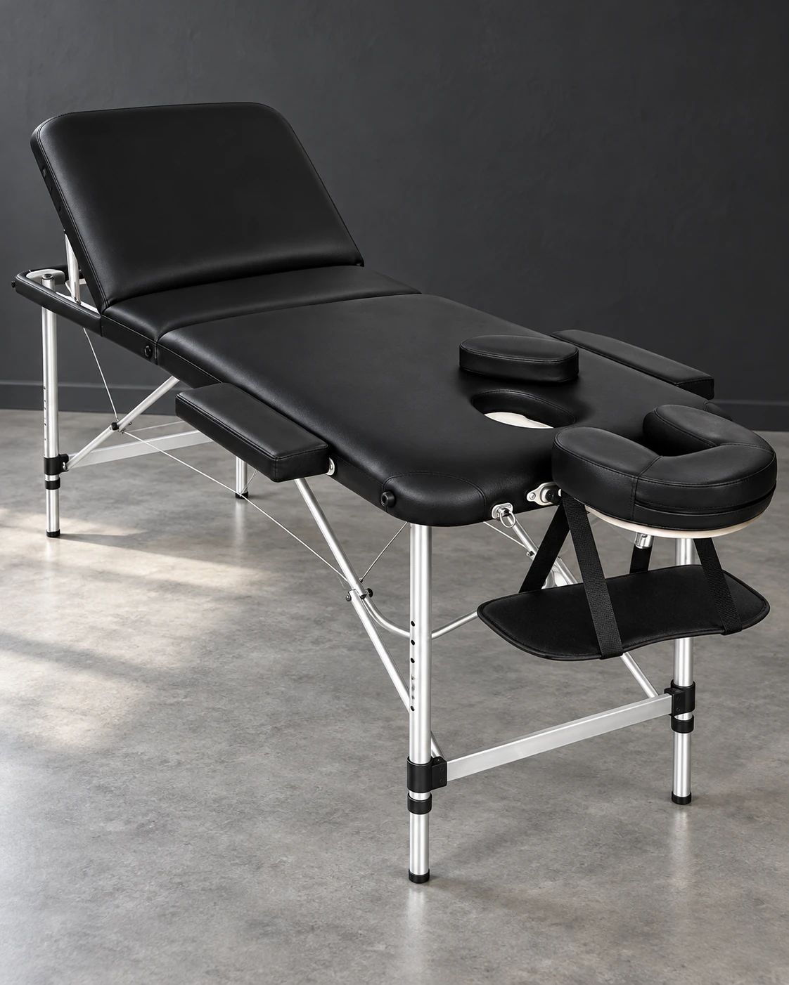 tectake · black three-section aluminium massage table in a minimalist studio