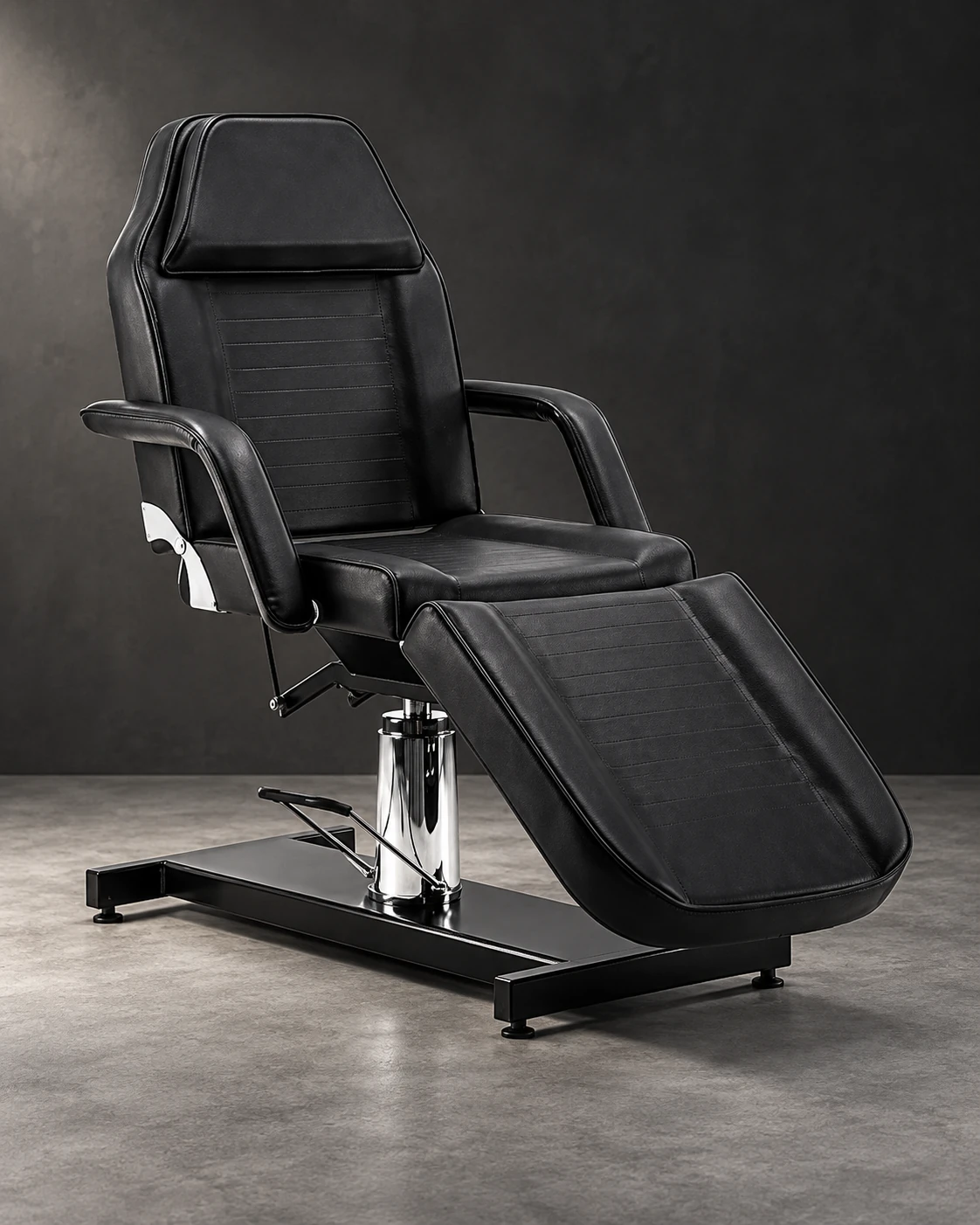 BarberPub · hydraulic treatment chair in a minimalist studio