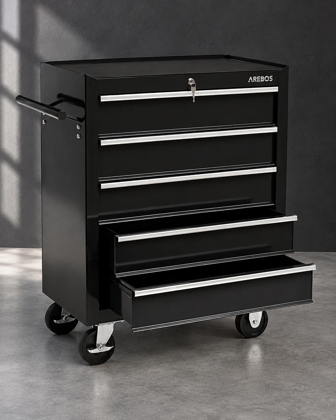 Arebos · black five-drawer cabinet in a minimalist studio