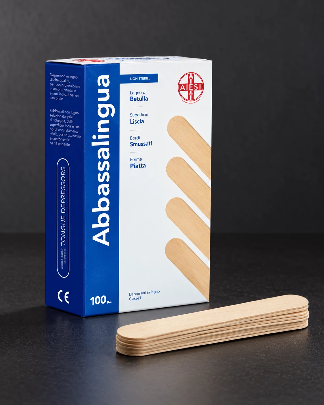 AIESI · 100 non-sterile wooden spatulas in a minimalist studio