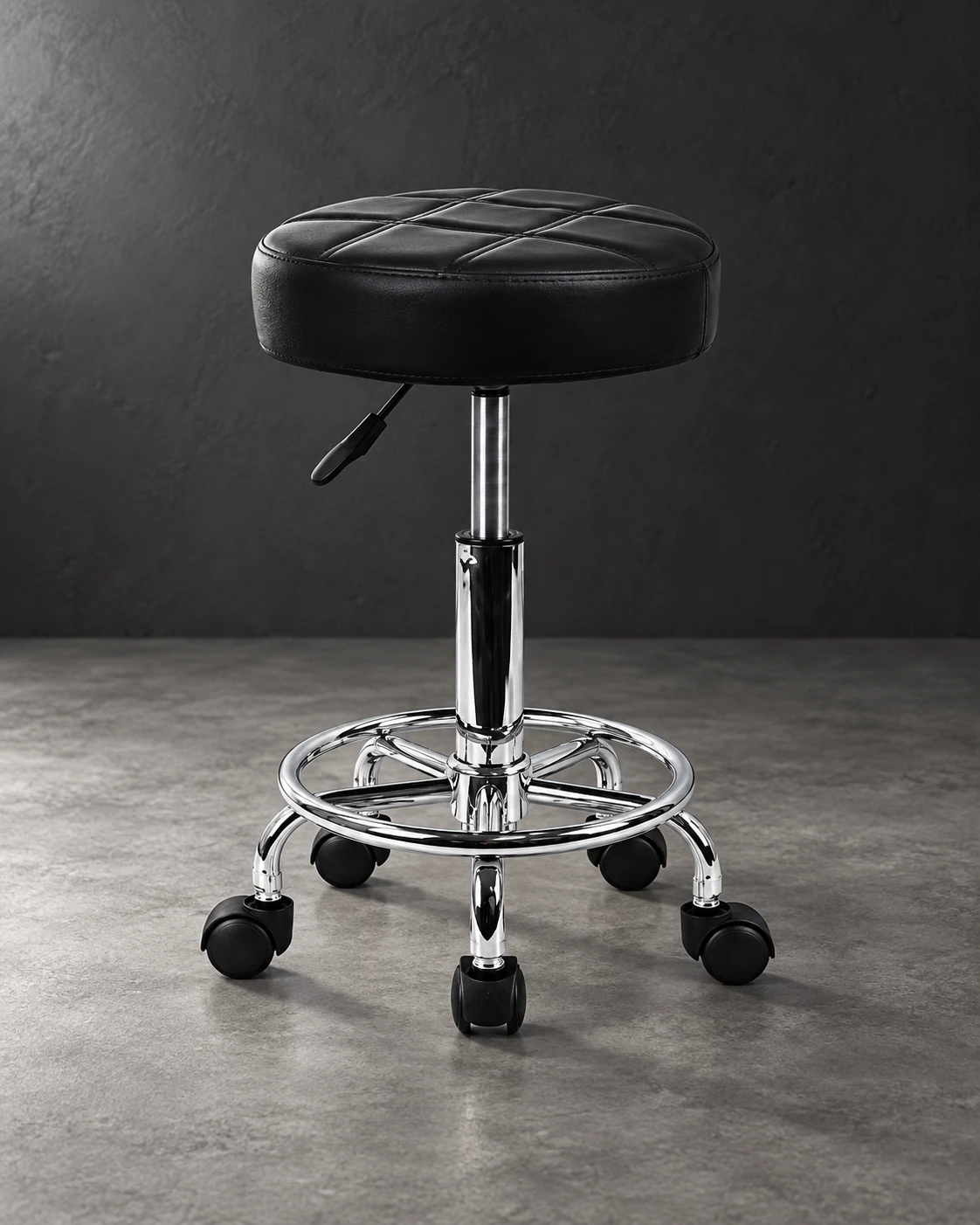 KKTONER · black adjustable rolling stool in a minimalist studio