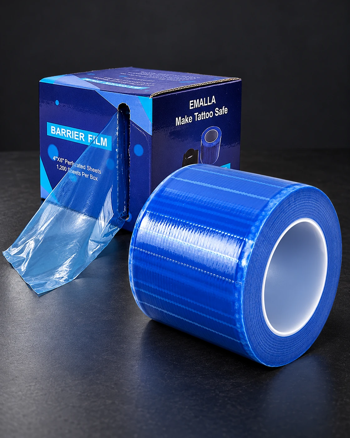 Blue barrier film roll with its dispenser carton on a worktable