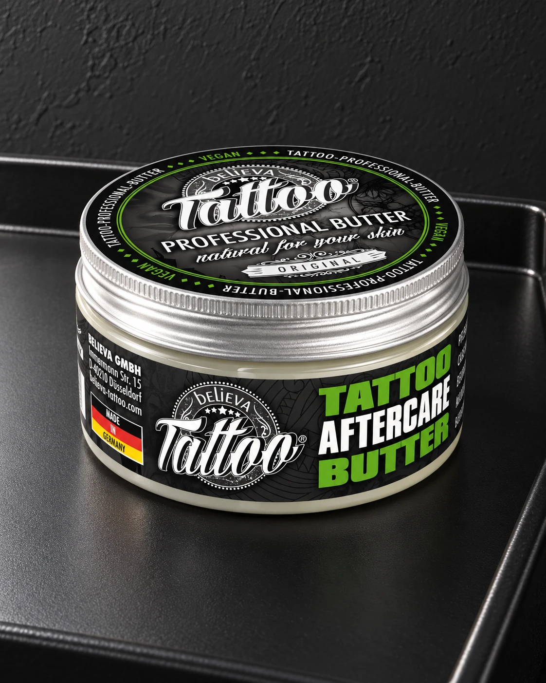 Believa Tattoo Butter · 100 ml on a minimalist workstation