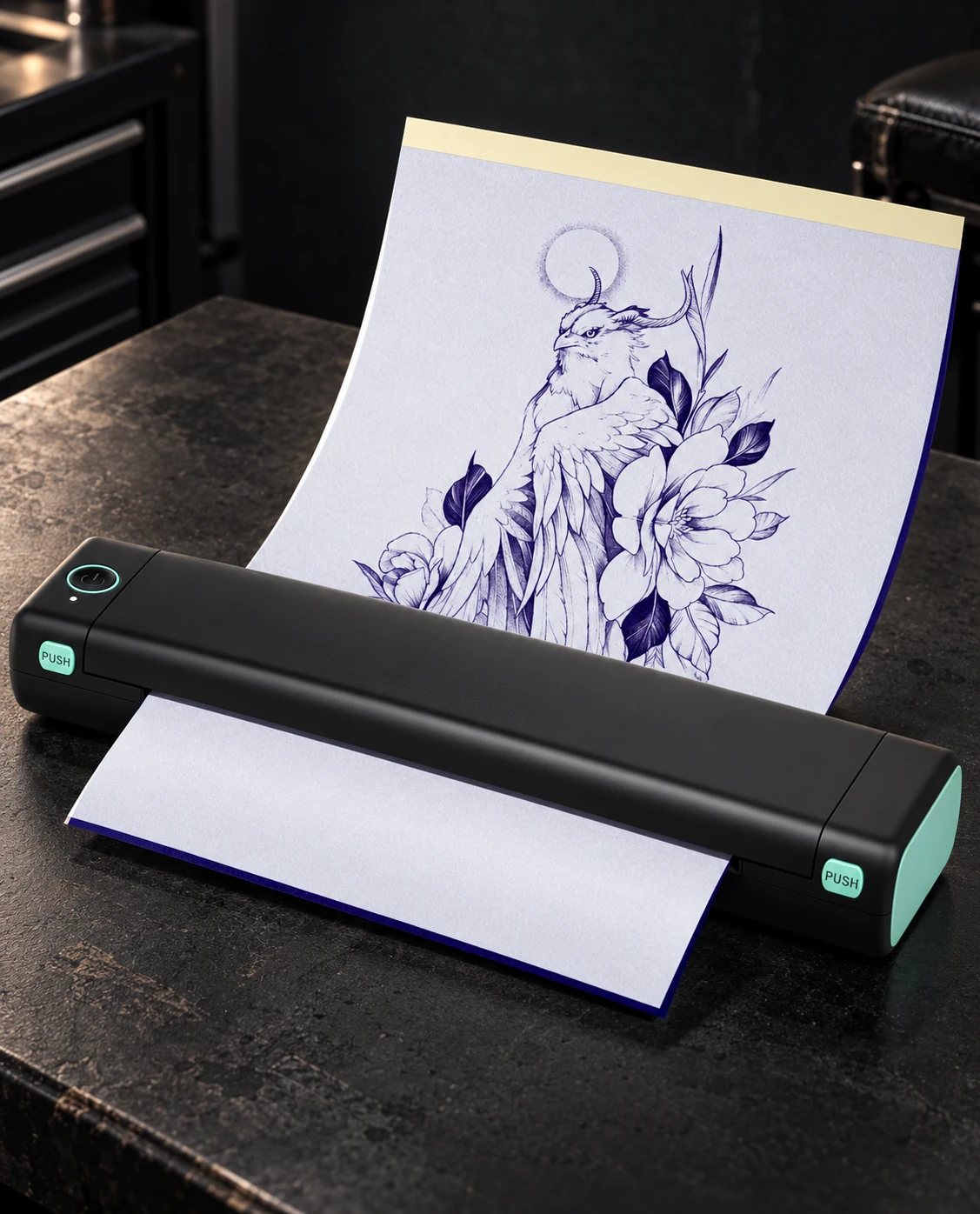 Phomemo M08F · black and green thermal stencil printer on a minimalist workstation