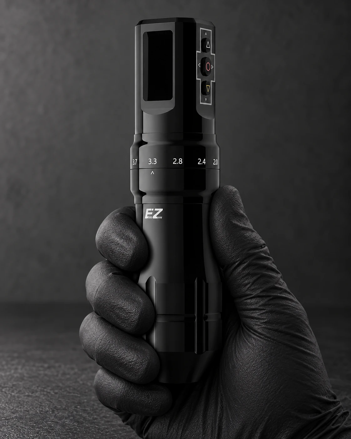 EZ P3 Pro · gloss black wireless tattoo machine held around its grip in a gloved hand