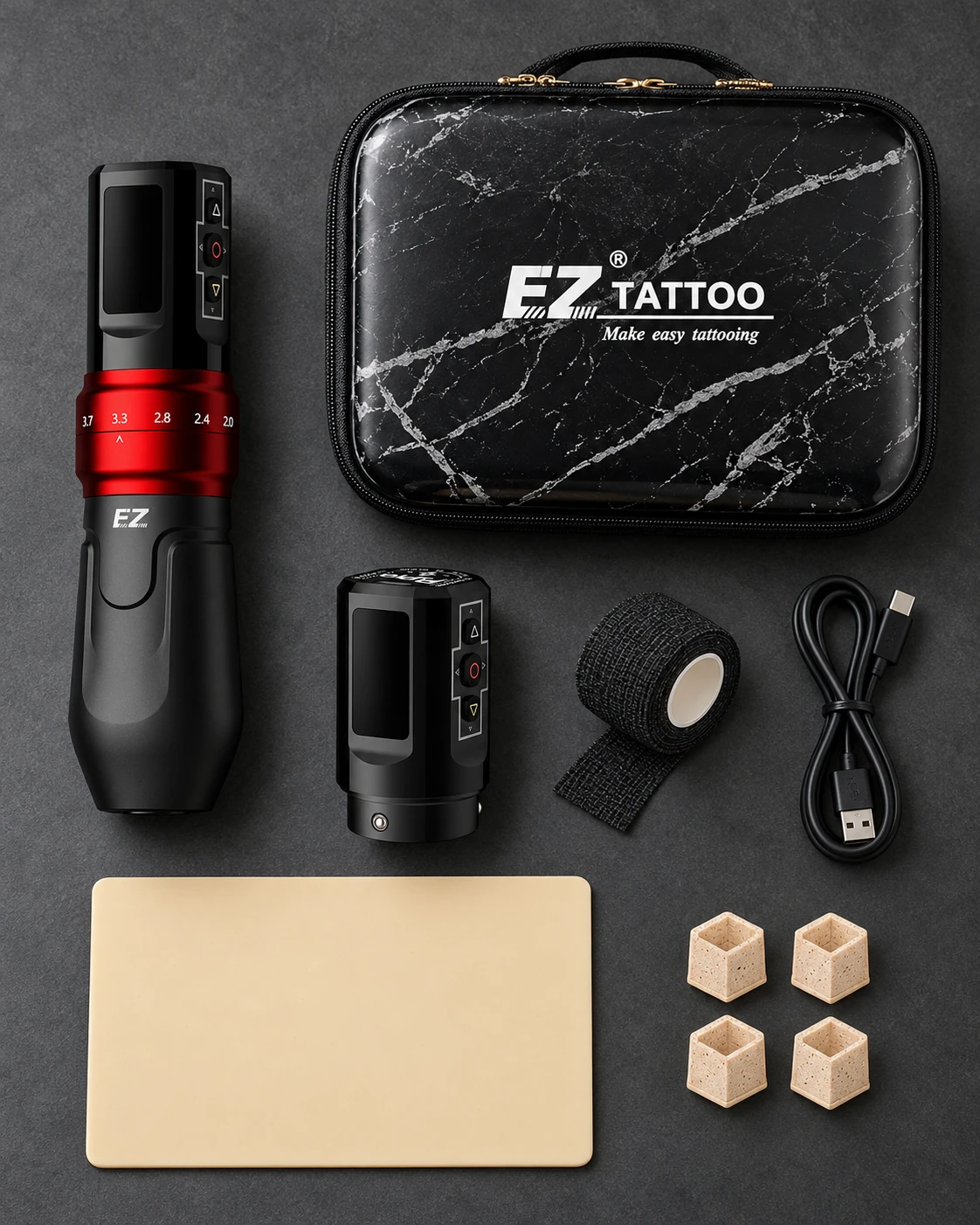 EZ P3 Pro · matte red tattoo kit with accessories on a studio worktable