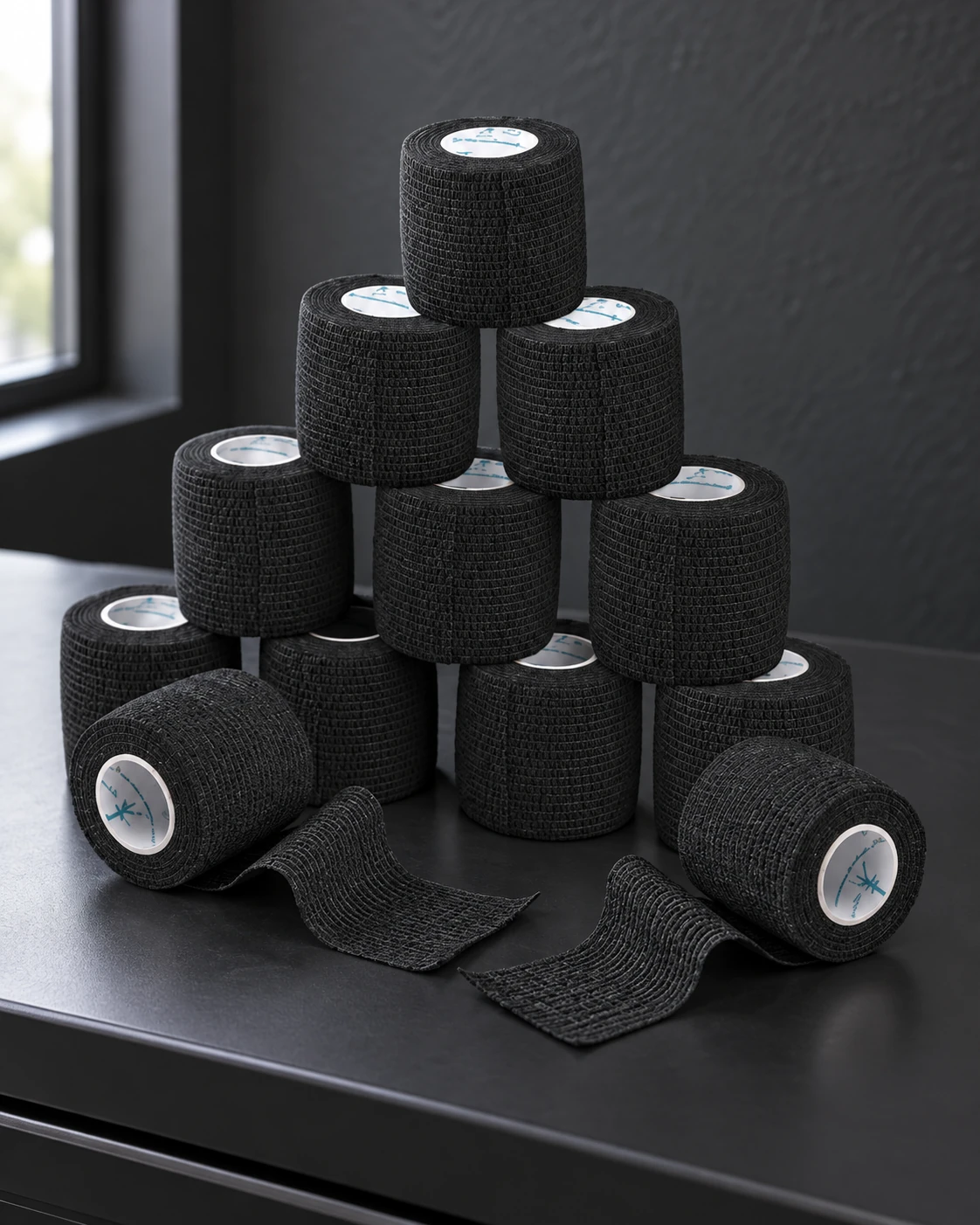 ANAMPION · 12 black cohesive wraps in a minimalist studio
