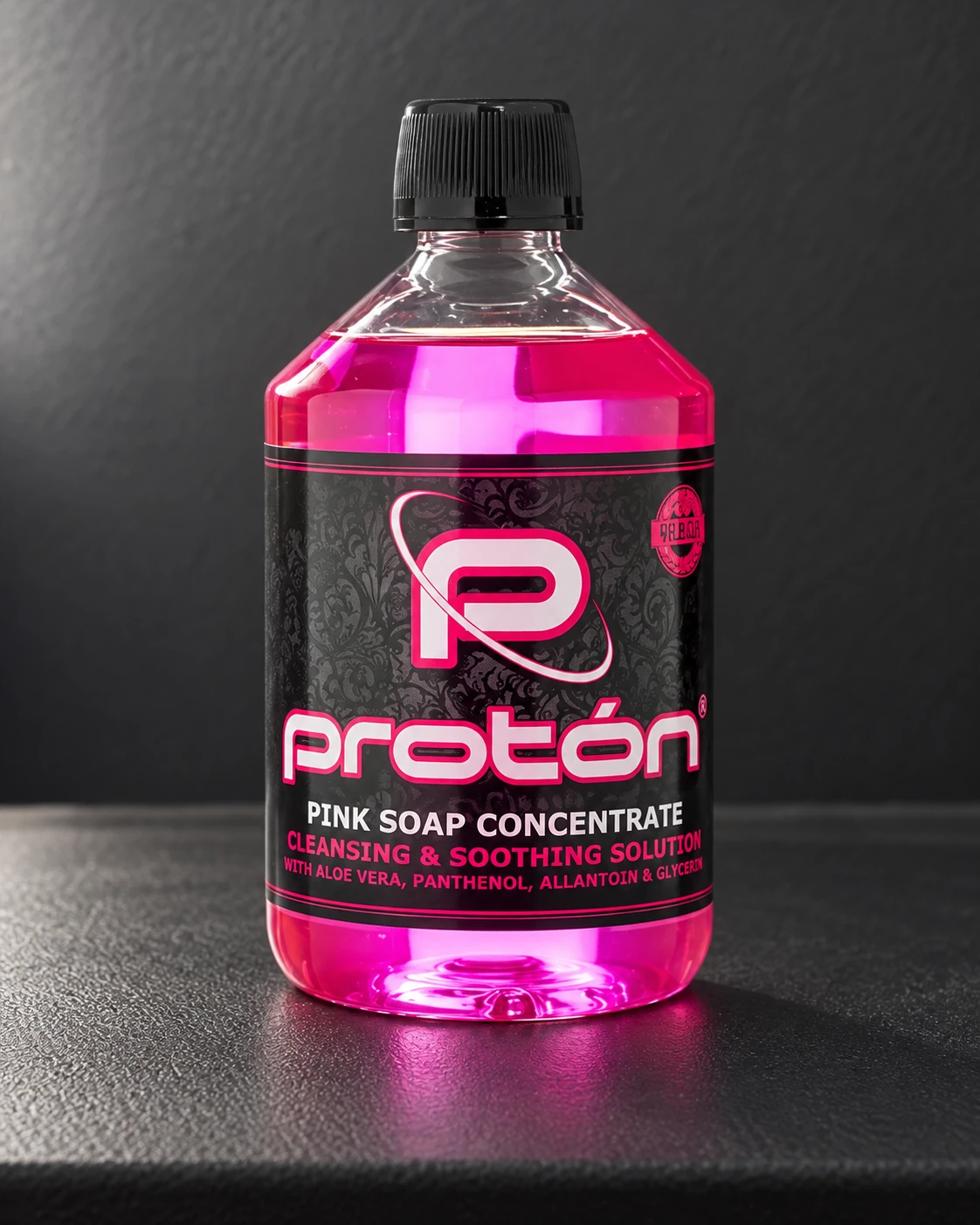 Proton Pink Soap · 500 ml concentrate in a minimalist studio