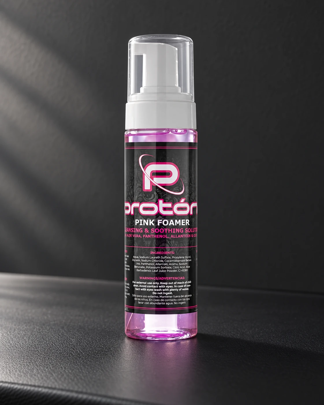 Proton Pink Foamer · 220 ml cleansing foam in a minimalist studio