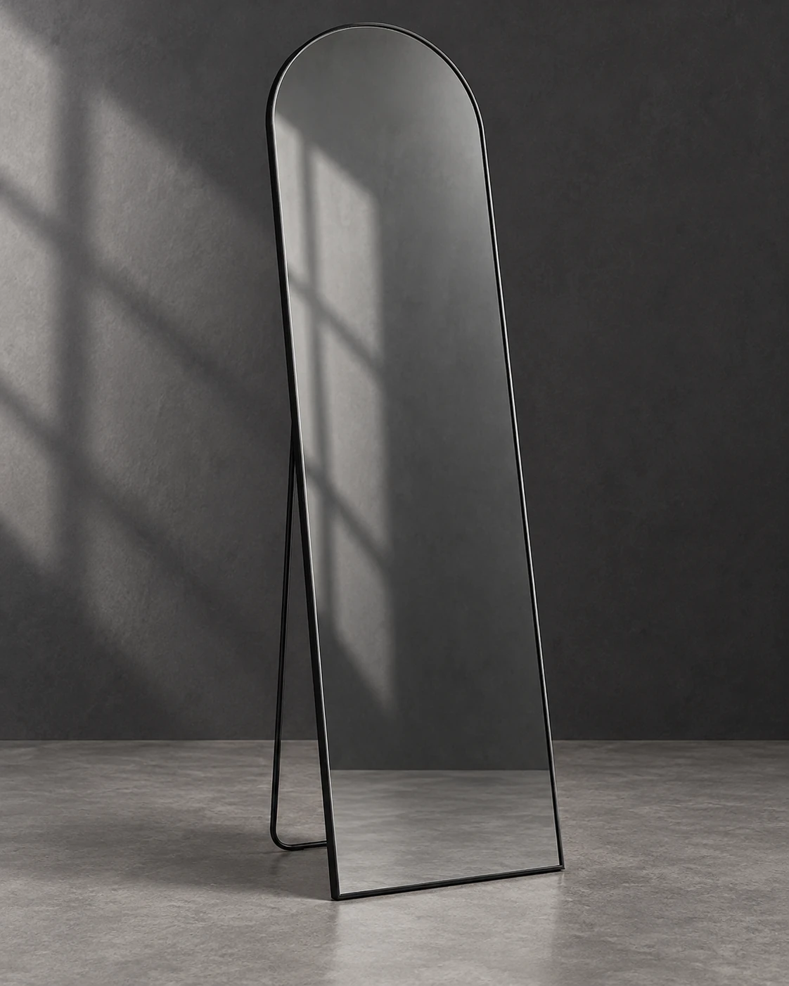 SONGMICS · black arched mirror, 160 × 50 cm in a minimalist studio