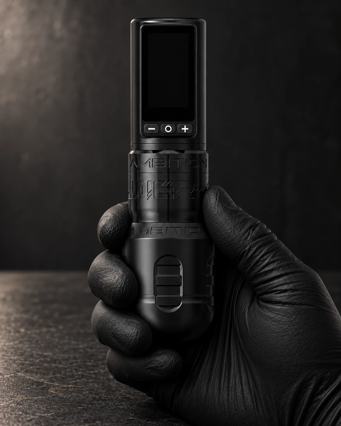 Ambition Soldier 270 · 4 mm wireless tattoo machine held around its grip in a gloved hand