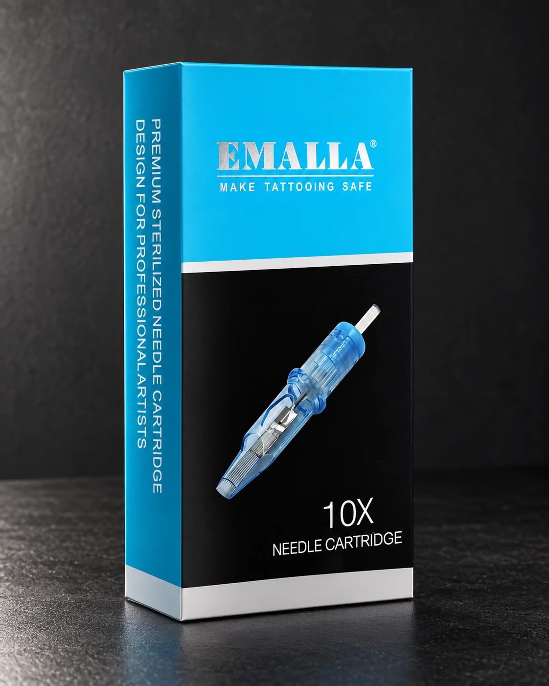 Blue EMALLA cartridge box on a studio worktable