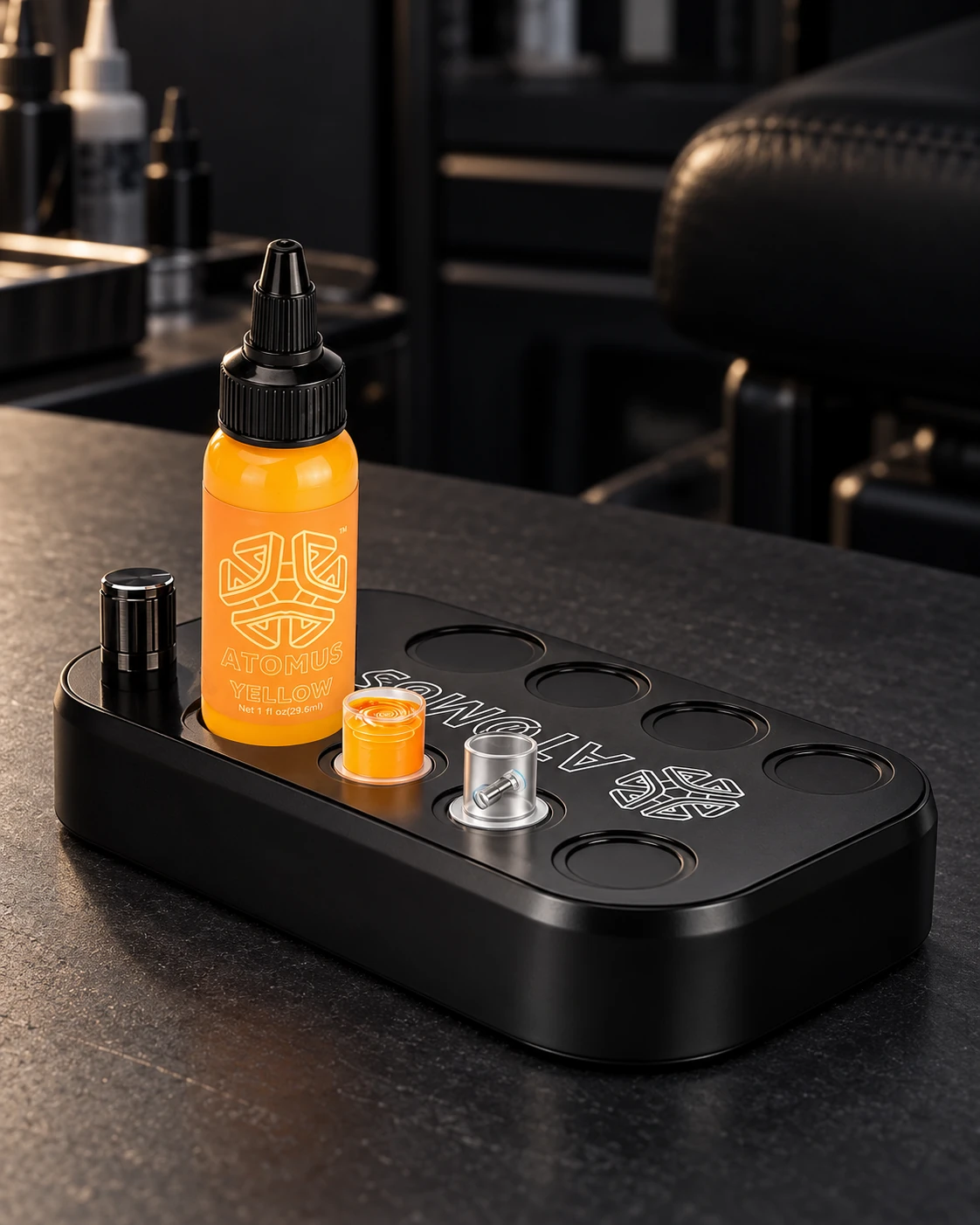 ATOMUS · USB-C wireless ink mixer on a minimalist workstation