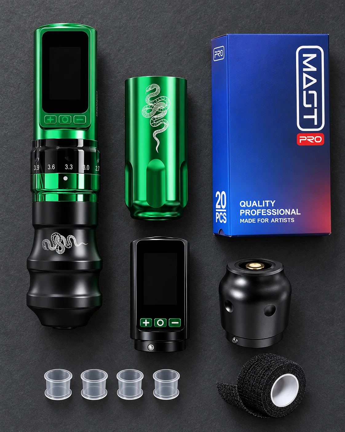 Dragonhawk Fold Pro Snake · 20-cartridge kit with accessories on a studio worktable