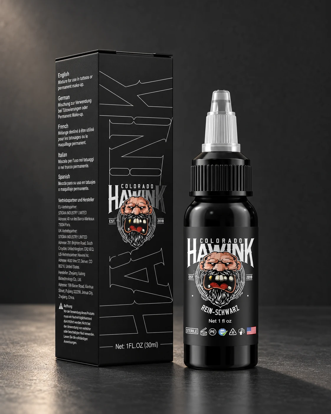 HAWINK Pure Black · 30 ml black ink on a minimalist workstation