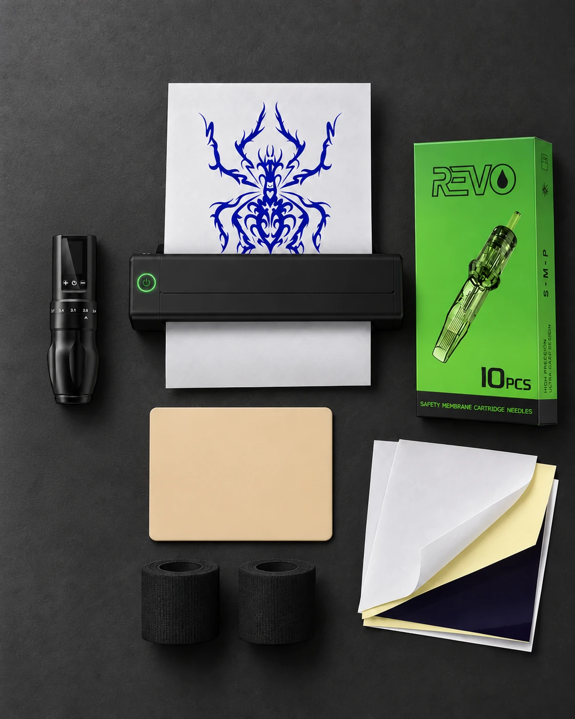 INKin · kit de tatuaje con impresora Bluetooth con accesorios sobre una mesa de estudio