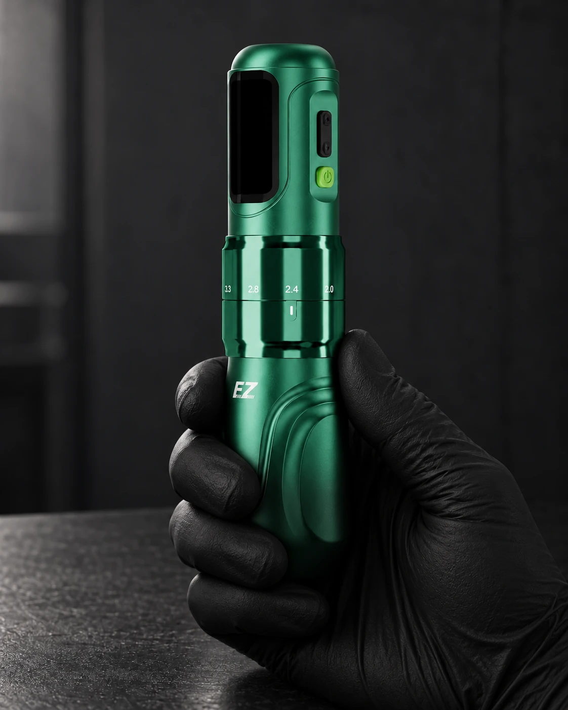 EZ P6 · gradient green wireless tattoo machine held around its grip in a gloved hand